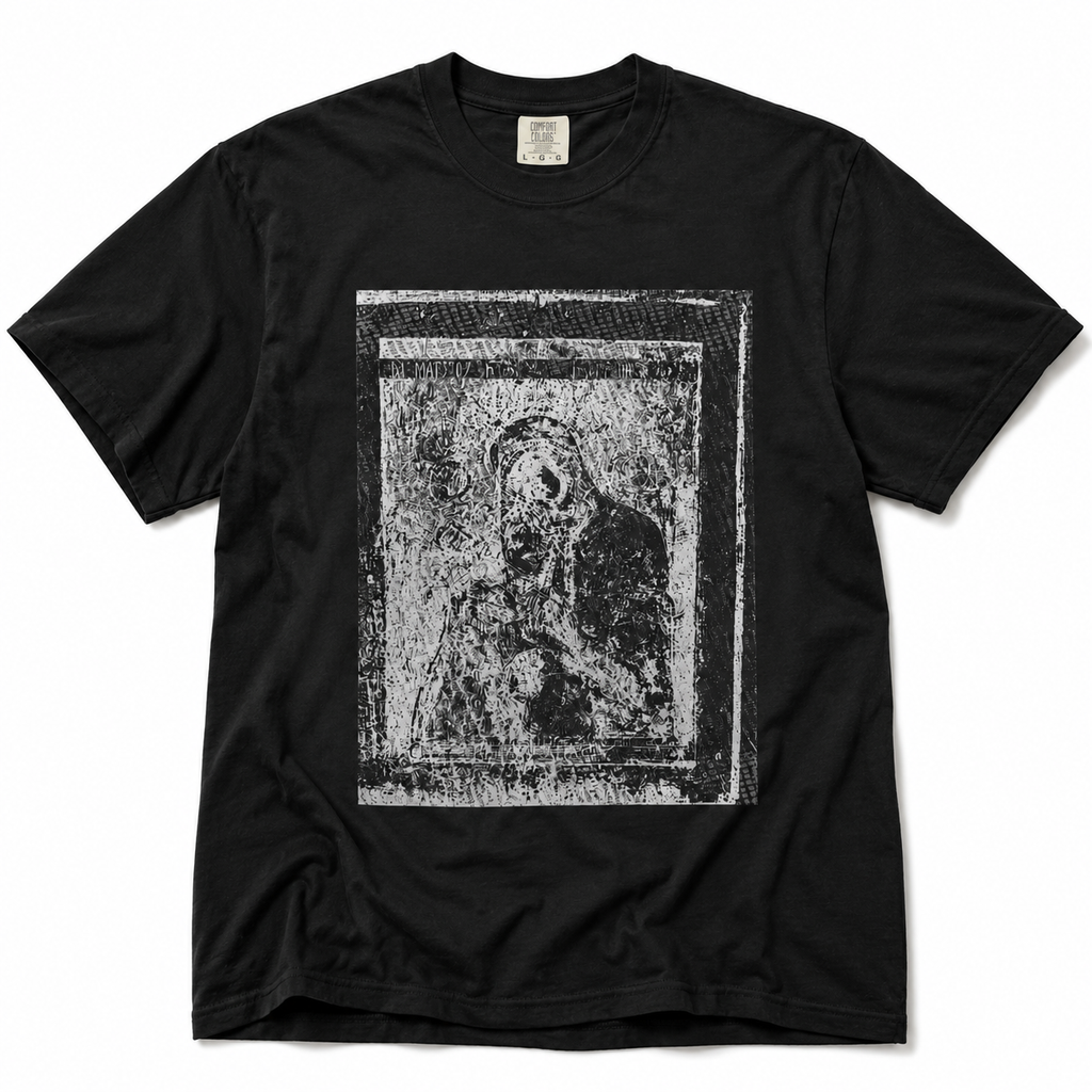 THE VIRGIN AND THE CRUCIFIX T-SHIRT